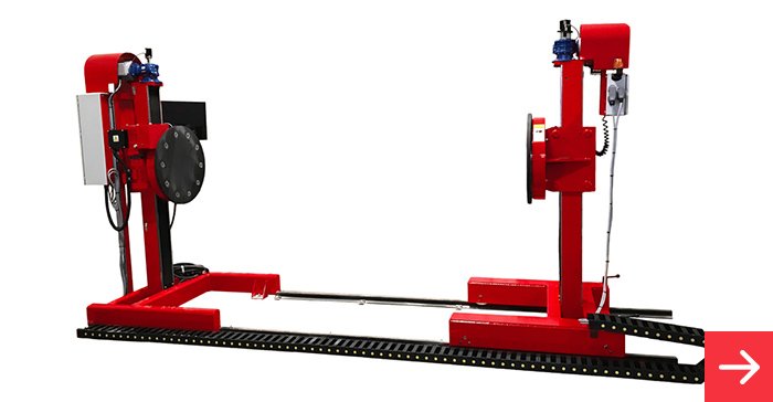 Key Plant Port-A-Lift elevating headstock and tailstock system for safe lifting, rotating and positioning of long and heavy fabrications.